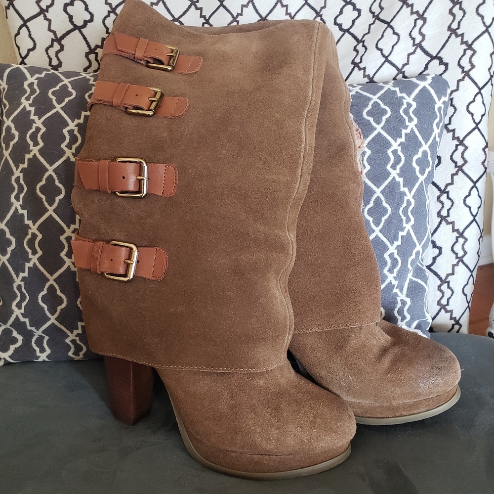 Monroe Report Brown Suede Mid-Calf Height Boots with Buckle Detail, Size 8.5